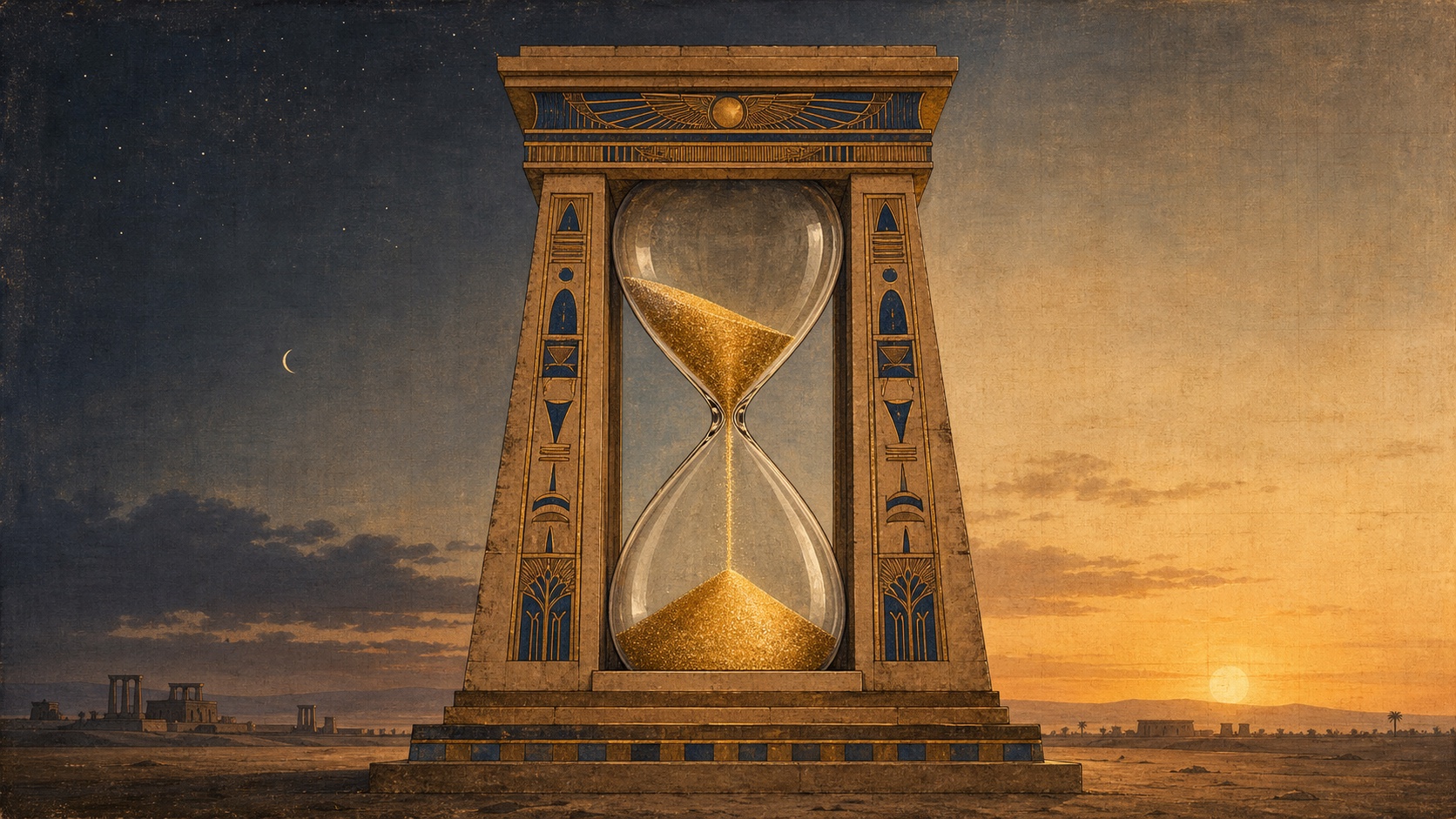 A monumental Egyptian hourglass beneath a night-to-sunrise sky for Life Is Experiment